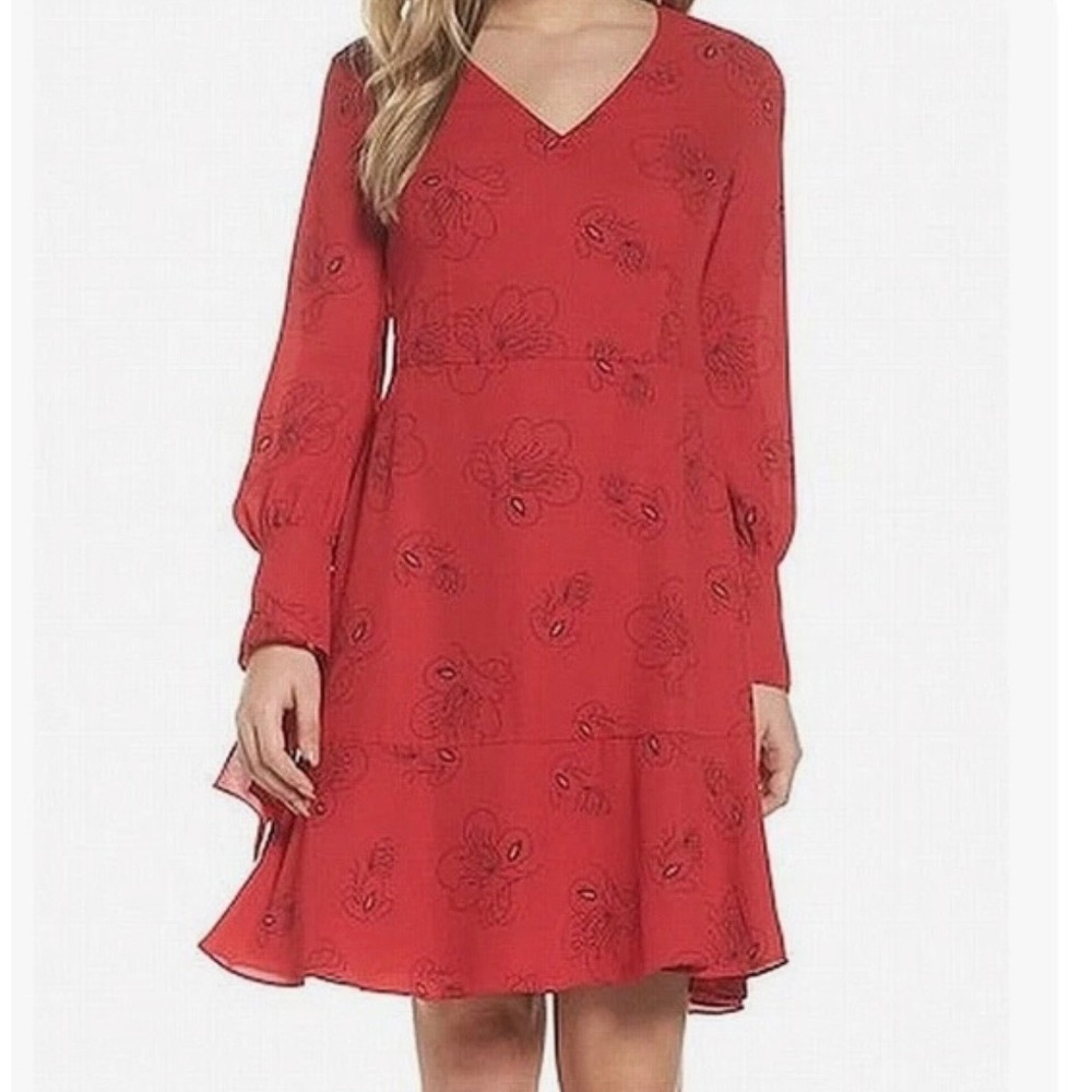 Kobi Halperin Red Floral V-Neck Mini Dress‎ Long Sleeve Size 2